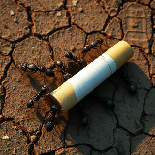 A group of ants working together to carry a large full cigarette, top-down macro shot, highly detailed texture on the ants and cigarette, realistic lighting and shadows, cracked earth background, the cigarette appears huge compared to the ants, documentary-style photography