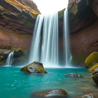 “Icelandic waterfall cascading into turquoise pool, moss-covered basalt columns, slow-shutter motion blur, 24 mm, photographic”