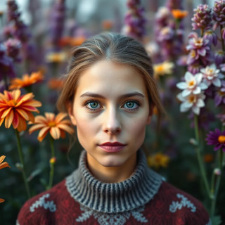 Beautiful woman, background: multicolored flowers.
