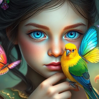 A very beautiful 8 year old girl with blue eyesk she is holding a colorful canary and butterflies around her