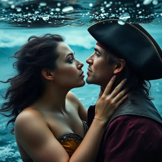 A mermaid and a pirate captain sharing a breath before she pulls him under the waves, storm raging above them.