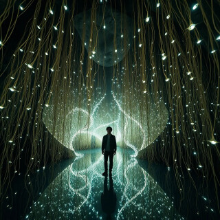 A cavern where thousands of thread-like vines hang from the ceiling, each tipped with a tiny bioluminescent orb. The air hums with floating spores, and the ground is a mirror-like pool doubling the light. Feels like walking through a living galaxy. Ethereal and dreamlike.