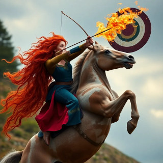 Merida loosing a flaming arrow that splinters a target mid-gallop, stallion rearing, her hair a wild crimson blaze, fierce independence