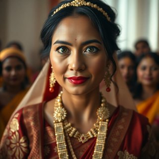Woman with round face, 35 years old, light brown skin, dark brown hair, brown eyes, wearing Glorious clothes in her marriage ceremony and greeting gests
