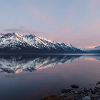 “Mirror-smooth fjord at blue hour, snow-capped mountains reflected perfectly, subtle pink alpenglow, medium-format clarity, photographic”