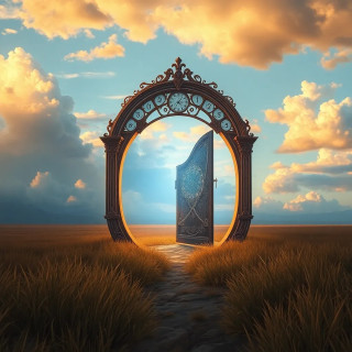 A door in the middle of an empty field that opens to a different universe depending on the hour (3 AM = a world of clocks, noon = a desert of mirrors).