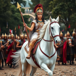 The beutiful Cleopatra riding his white horse and giving orders to his strong army.