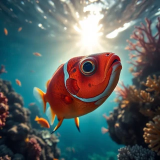 Generate an underwater seascape image capturing the beauty of the ocean depths. Include coral reefs, exotic fish, and aquatic plants, with sunlight filtering through the water to create dramatic lighting and a play of colors