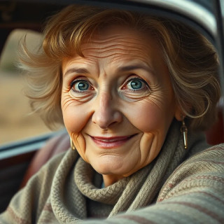 Old woman smiling in  an old car in 1972, oil painting