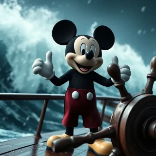 Mickey Mouse at the ship’s wheel braving a colossal rogue wave, rain-lashed deck glistening, vintage black-and-white cartoon aesthetic, triumphant grin”