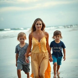 A glorious woman walking with her 2 children. she is hold their hand at the beach.