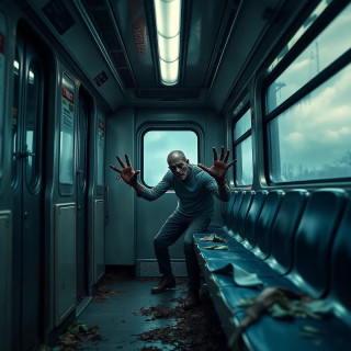 Zombie outbreak in a subway tunnel, last survivor hiding behind a train seat, rotting hands clawing through the windows.