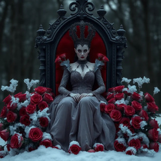 A vampiric queen sitting on a throne of frozen roses, her reflection in a mirror shows her true monstrous form.