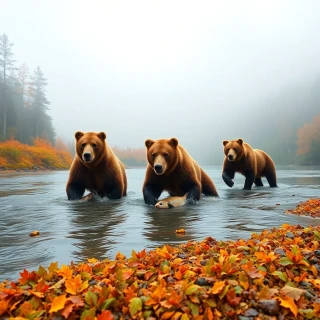 “Family of brown bears fishing mid-stream in salmon-rich Alaskan river, autumn forest blazing orange on both banks, morning fog lifting, photographic, panoramic view”