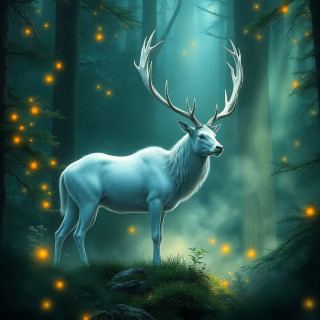A mystical white stag standing in an enchanted forest, glowing fireflies and magical mist.