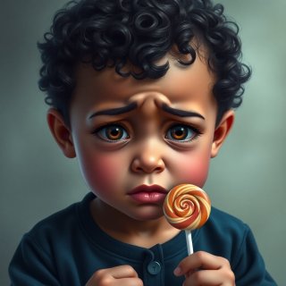 Crying boy with round face, 1 year old, brown skin, short curly hair, brown eyes, wearing dark blue pajamas, holds a lollipop in his hand