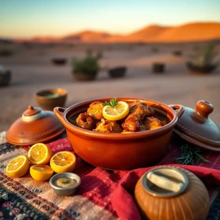 “Moroccan chicken tagine simmering in a clay pot, garnished with preserved lemon and olives, served on a Berber rug at golden-hour desert camp, cinematic food photography”