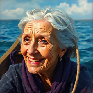 Old woman smiling in  boat in the sea, oil painting