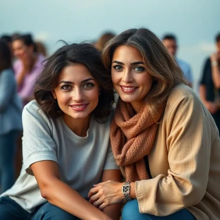 Great Friendship between women, detailed background, full body portrait, feet included in image