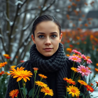 Colorful flowers by winter, a woman wearing woolen clothes
