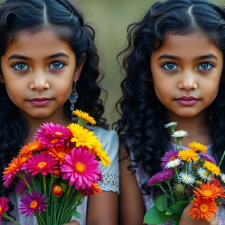 2 beautiful 11 years old girls, long curly black hair with green eyes, colorful flowers bouquets in their hands