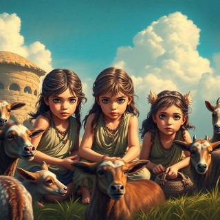 3 Little girls playing in the year 500 BC, realistic, domestic animals around the 3 girls