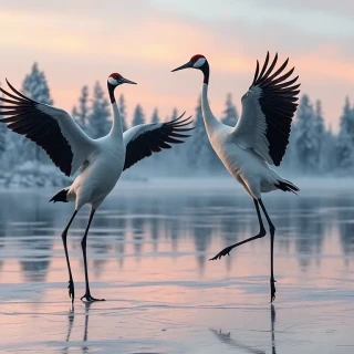 “Red-crowned cranes dancing on frozen lake framed by snow-dusted pines and pastel dawn sky, ultra-wide 12 mm, photographic, panoramic view”