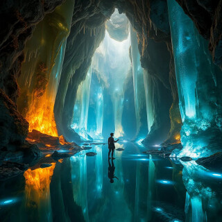 An underground cavern filled with towering crystal formations that emit prismatic light. The walls are embedded with glowing lichen, and the ceiling drips with luminescent water droplets. Reflective pools create infinite mirrors of color. A Na’vi explorer touches a crystal, causing a ripple of light to spread. Sci-fi fantasy, cinematic lighting.