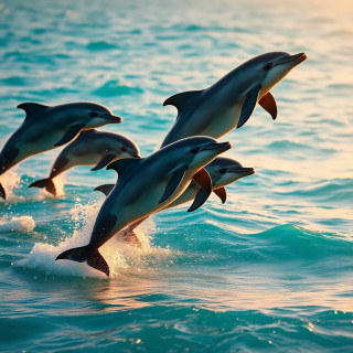 A pod of dolphins leaping over turquoise ocean waves at golden hour.
