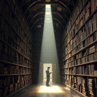Ancient library with floating books and a beam of light illuminating a single reader, dust motes swirling like gold.