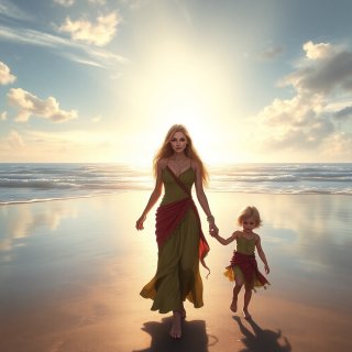 A glorious woman walking with her 2 children. she is hold their hand at the beach.