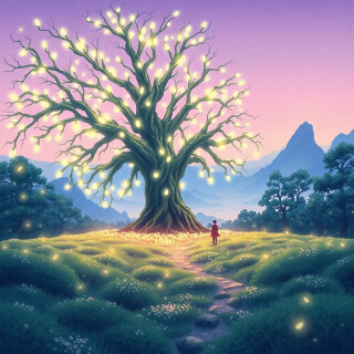 The sacred Tree of Souls stands colossal, its glowing tendrils weaving through the air like living constellations. Thousands of bioluminescent seeds float around it, creating a mesmerizing dance of light. The ground is a carpet of soft moss that emits a faint pulse with each step. Distant floating mountains loom under a lavender twilight sky. Ethereal, mystical, and emotionally evocative.