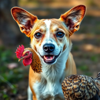 beautiful dog playing with a chicken