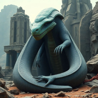 A colossal, serpentine alien wrapped around a ruined alien temple, its scales shifting colors like a chameleon, epic scale.