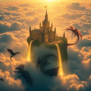 A majestic floating castle above the clouds, glowing with golden light, surrounded by dragons and waterfalls cascading into the sky, hyper-detailed, fantasy art, cinematic lighting, 8K