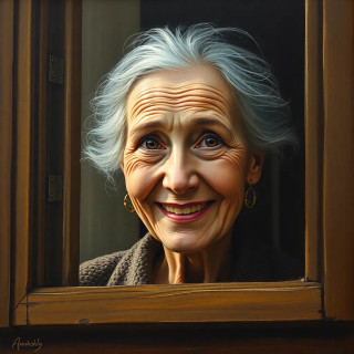 Old woman smiling in the window of first floor, oil painting