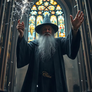 Wizard summoning a storm inside a cathedral, stained glass shattering outward in slow motion, divine energy crackling.
