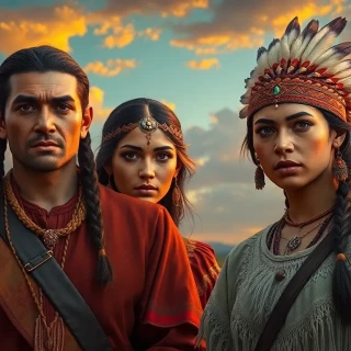 Native Americans couple wearing traditional clothes in the year 1733, background: Texas desert