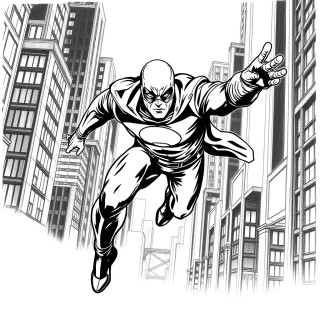 A masked superhero leaping through a neon-lit city at night, dramatic shadows, bold ink outlines, dynamic pose, classic comic book art style.