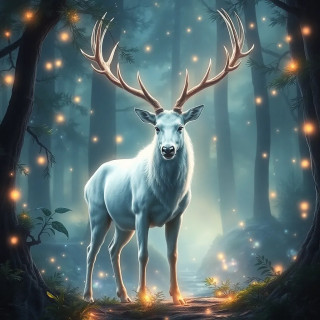 A mystical white stag standing in an enchanted forest, glowing fireflies and magical mist.