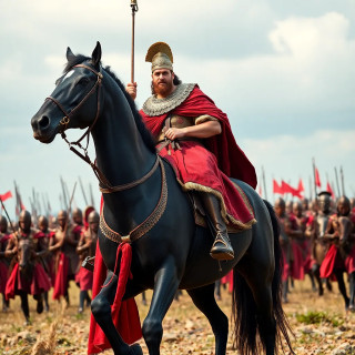 Alexander the Great is riding his black horse, going to war with his scaring army.