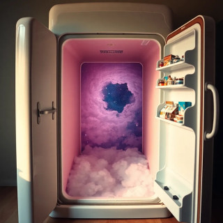A portal to another dimension inside a vintage refrigerator, cosmic clouds swirling inside, ultra-realistic with magical realism