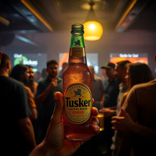 Generate an image showing a group of people enjoying Tusker beer bottle in a club