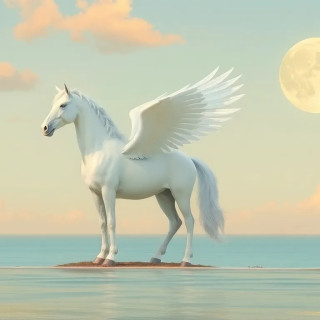 A majestic white pegasus, centrally positioned, stands on a tranquil shoreline.  The pegasus is a large, muscular, and elegant creature, with large, detailed, white feathered wings spread wide, and a flowing mane and tail. Its posture is calm and alert, standing with all four hooves firmly planted on the shore's edge,  facing slightly to its left, its head tilted slightly. The environment is a serene coastal scene with a calm, light teal-toned water reflecting the pale sky.  Soft, golden-toned clouds are scattered across a light, teal-toned sky, with a large, prominent pale yellow-white moon positioned high in the upper right quadrant. The lighting suggests a serene sunset or sunrise, with soft, diffused light casting gentle highlights and shadows on the pegasus and the water. The scene has a dreamlike, fantastical quality. The composition is balanced, with the pegasus as the focal point against the backdrop of the sky, clouds, and water.  The colors are pastel and harmonious, evoking a sense of peace and wonder. The overall style is artistic and imaginative, reminiscent of a fantasy painting.