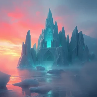 “Aurora-lit iceberg cathedral” – matte-painting style, atmospheric fog layers, photobash precision