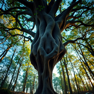 A forest where trees grow upside-down, roots cradling the sky, and apples fall upward into the void.