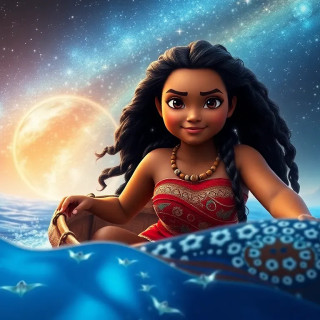 Moana steering her wayfinding raft through bioluminescent seas, manta rays beneath, sky blazing with stars, steadfast determination