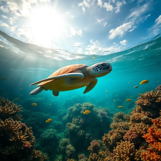 A sea turtle gliding through a sunlit coral reef, colorful fish swimming alongside.
