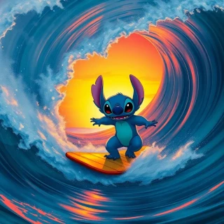 “Stitch surfing a massive Hawaiian barrel wave, neon sunset backdrop, water spray frozen mid-air, mischievous delight”