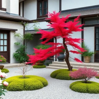 “Japanese townhouse courtyard showcasing peonies, chrysanthemum bonsai, dwarf maple in fiery red, and ground-cover moss islands trimmed to perfection, photographic”
